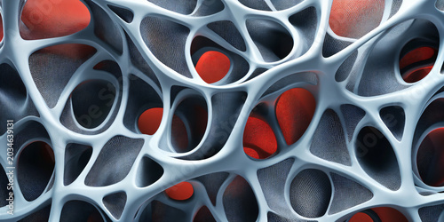 Abstract Organic Cellular Mesh Structure with Red Accents