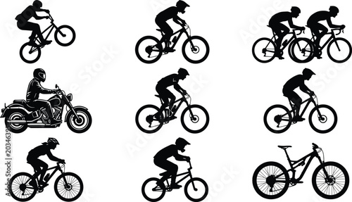 Cuadro en lienzo Set of black silhouettes featuring mountain bikers, bmx riders, and motorcycle e