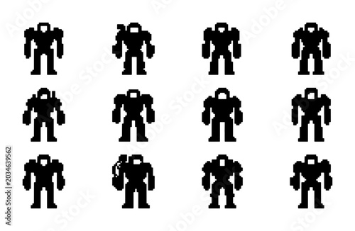 Retro Pixel Art Mechs, 12 Sci-Fi Robot Icons, Vintage Gaming Android Silhouettes, Futuristic Warrior Characters, Digital Game Assets
