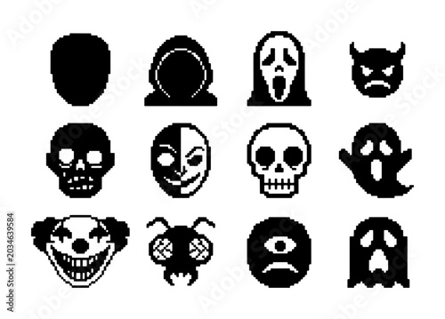 Spooky Halloween Icons Set, Scary Faces Vector Graphics, Ghost and Skull Emblems, Horror Character Symbols, Black and White Pixel Art