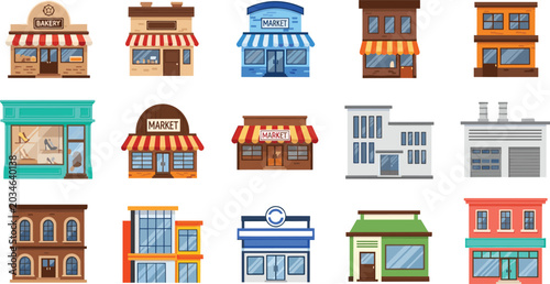Foto Set of flat storefront illustrations featuring bakeries markets boutiques and ur