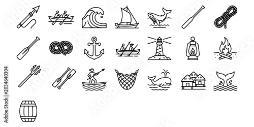 Tableau sur toile Icon set collection of ocean rowing, whaling expedition, wooden canoes, large waves, harpoons, nets, bonfires, and seaside stilt villages