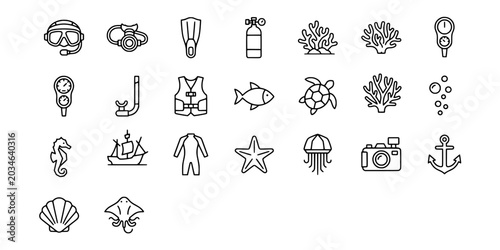 Foto Icon set collection of scuba diving and coral reef exploration equipment including mask, snorkel, fins, oxygen tank, and diverse marine organisms