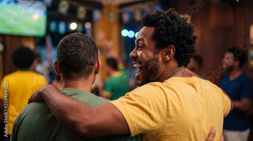 Excited Black man cheering and celebrating a goal with friends in a crowded sports bar decorated with Brazilian flags