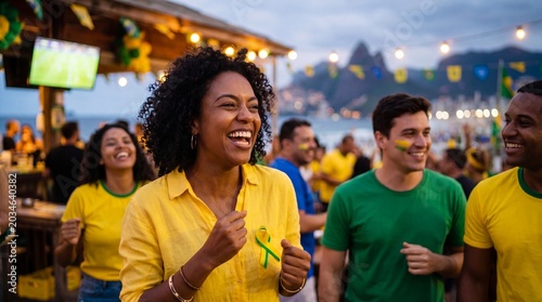 Excited Brazilian Woman Celebrating a Goal at a Beach Bar in Rio de Janeiro During a Soccer Match