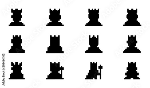 Tableau sur toile Chess Rook Icons, Black Silhouette Vector Set, Strategy Game Pieces, Board Game