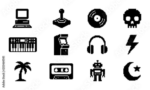 Retro Gaming and Music Icons Set, Vintage Computer, Joystick, Vinyl Record, Pixel Skull, Keyboard, Arcade Machine, Headphones, Cassette Tape, Robot, Palm Tree, Moon Star