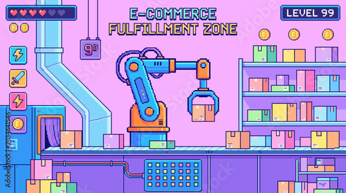 Gamified e-commerce fulfillment zone with pixel art robotic arm and conveyor belt.