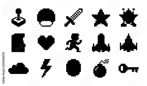 Retro Pixel Art Game Icons Set, 15 Vintage Arcade Icons, 8-Bit Video Game Graphics, Joystick, Mushroom, Sword, Star, Spaceship, Heart, Player, Bomb, Key