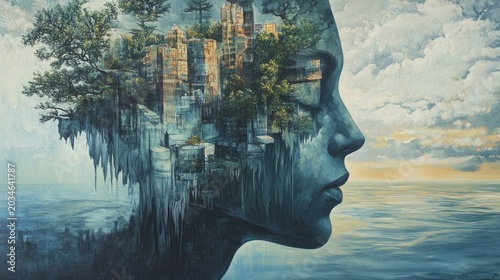 Cityscape within a woman's head, tranquil seascape background