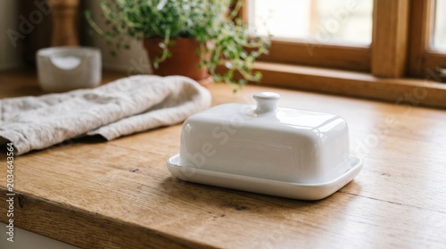 Realistic image of a minimalist white ceramic butter dish with lid, empty