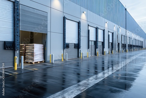 Side-angle view of an advanced logistics centers loading bay emphasizing the durable steel dock bumpers multiple roll-up security doors neatly