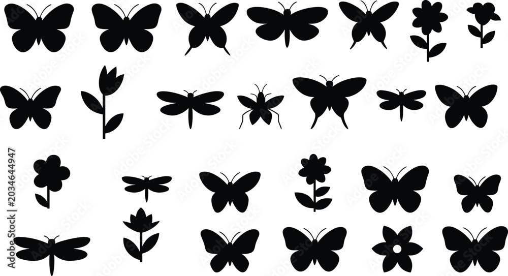 Obraz premium Silhouettes of butterflies, dragonflies, and flowers in