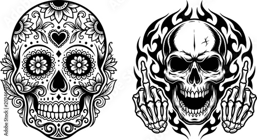 Quadro su tela Mexican Sugar Skull and Badass Rebel Skeleton Showing Middle Finger Vector Set f
