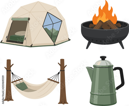 Foto Outdoor Glamping and Luxury Camping Vector Icon Set Featuring Geodesic Dome Tent