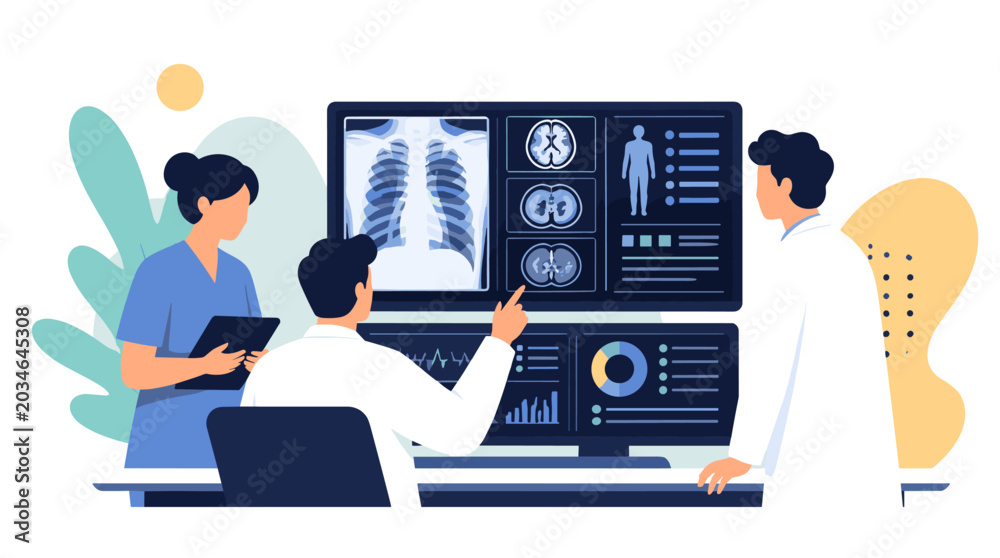 Fototapeta premium Medical team analyzes chest X ray on digital monitor.