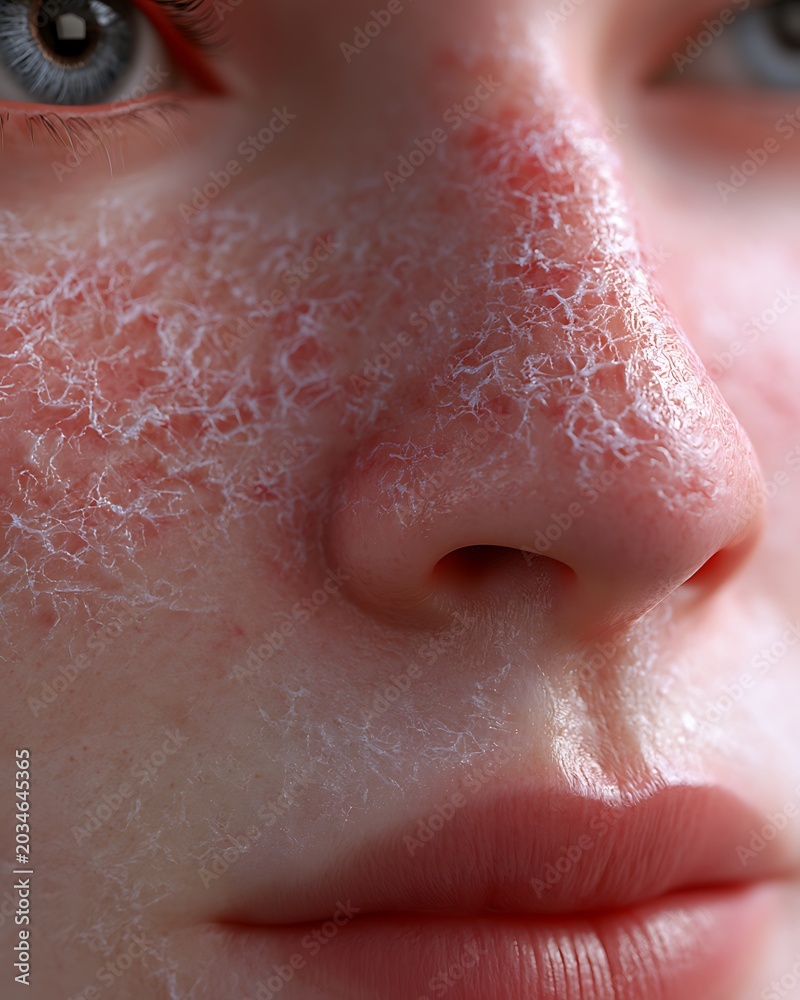 Fototapeta premium macro close-up of sensitive eczema skin around nose and mouth area, flaky patches and redness,