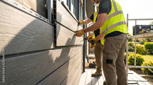 Two construction workers installing modern composite wood siding panels on the exterior wall of a house during a renovation project