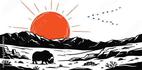 Εκτύπωση καμβά American bison silhouette with mountain range and sunset illustration