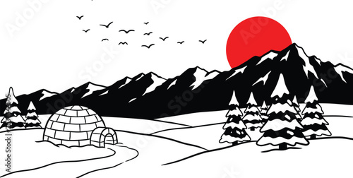 Картината върху платно Arctic landscape with igloo and mountain silhouette under red sun