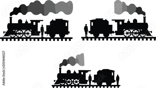 Foto Steam locomotive and train car silhouettes, person between trains, vintage railw
