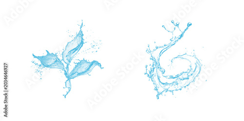 Hand Drawn Blue Watercolor Splatter and Leaf Isolated on Transparent Background