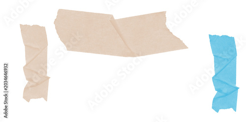 Crinkled kraft paper texture with torn edge and blue tape roll isolated on transparent background