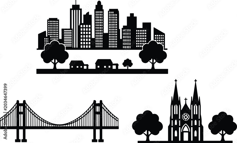 Obraz premium Suspension bridge silhouette illustration, modern city infrastructure symbol, transportation and urban architecture concept,