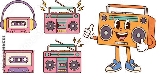 Foto Retro Vintage Groovy Music Vector Set Featuring Cute Cartoon Boombox Character A