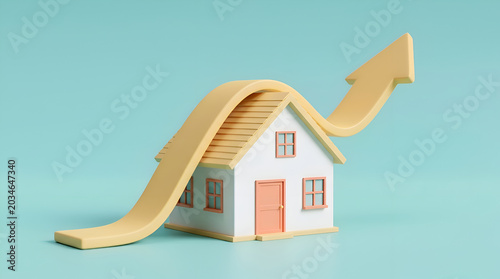 Conceptual illustration of a house with a rising arrow indicating property value increase and real estate market growth