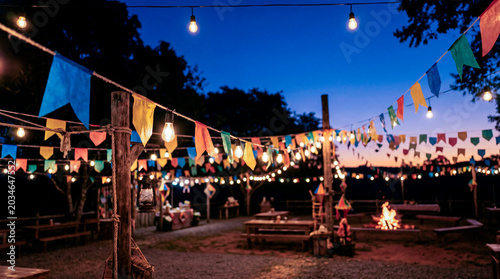 Festa junina ao ar livre com bandeirinhas coloridas e clima festivo noturno