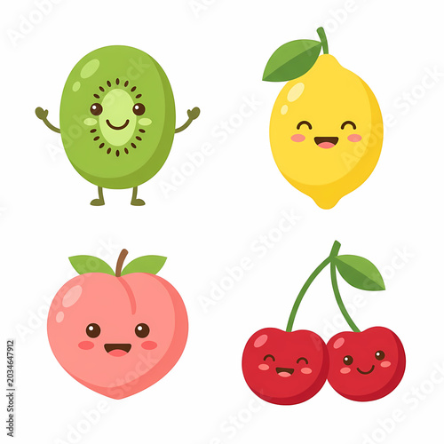 Four adorable cartoon fruit characters: a happy kiwi, a cheerful lemon, a sweet peach, and a pair of smiling red cherries.
