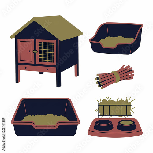 A charming rabbit hutch, two litter trays, a bundle of hay sticks, and a hay feeder with two food bowls.