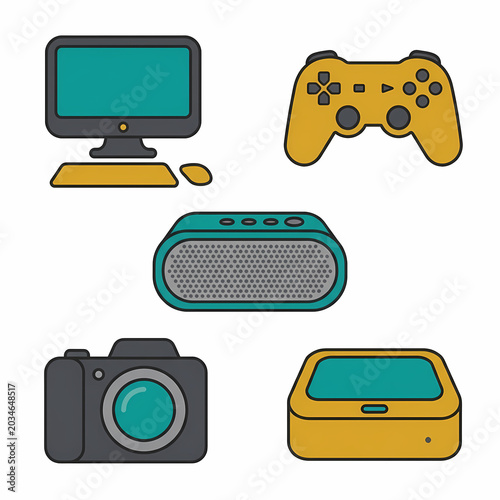 A monitor, gamepad, speaker, camera, and external hard drive, all depicted as essential modern tech gadgets in a flat graphic style.