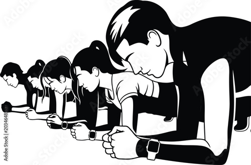 Group Fitness Class Performing Plank Exercise in Black and White Illustration