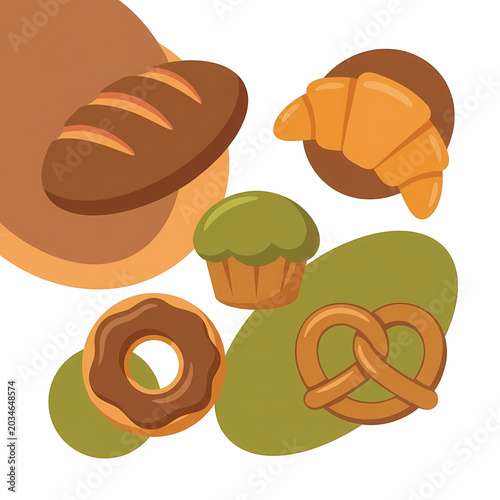 A delightful collection of freshly baked goods: rustic bread loaf, golden croissant, green cupcake, chocolate donut, and classic pretzel.