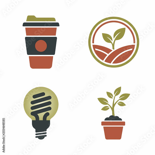 Four minimalist icons for sustainable consumption and green energy: reusable coffee cup, growing plant, eco lightbulb, and potted plant.