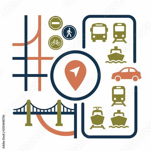 Map elements and transportation modes: roads, bridge, map pin, bus, train, car, and ships.