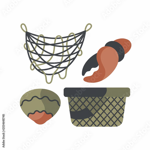 A stylized illustration showcasing essential fishing gear, including a net, a crab claw, a clam, and a seafood harvesting basket.