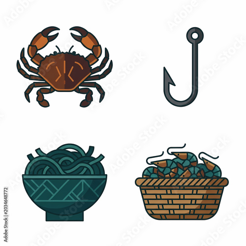 A stylized illustration displays a majestic crab, a fishing hook, a bowl of noodles, and a basket filled with fresh shrimp.