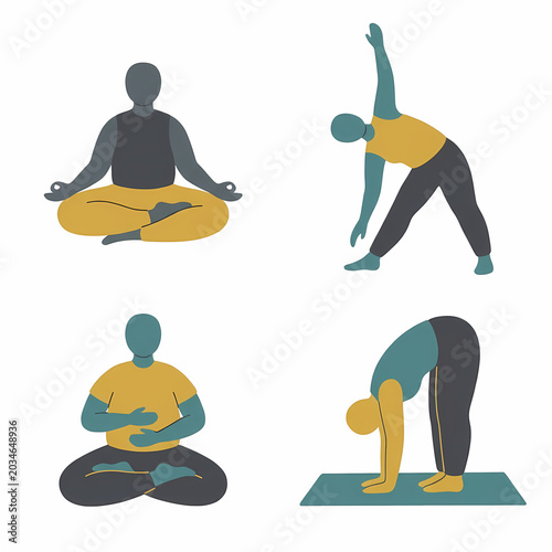 Four diverse yoga poses feature colored figures: seated meditation, triangle stretch, another seated posture, and a standing forward bend on a mat.