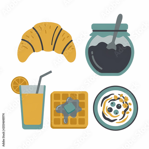 A delightful collection of classic breakfast items: flaky croissant, berry jam, refreshing orange juice, golden waffle with syrup, and wholesome oatmeal.