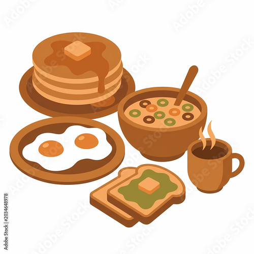 Graphic illustration features classic American breakfast: pancakes, fried eggs, cereal, buttered toast, and a warm cup of coffee.