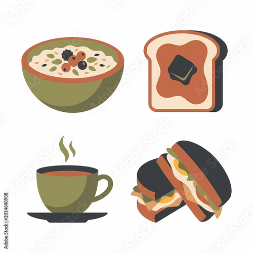 An appetizing selection of morning delights: warm oatmeal with berries, toasted bread with butter, steaming coffee, and two stacked fresh sandwiches.