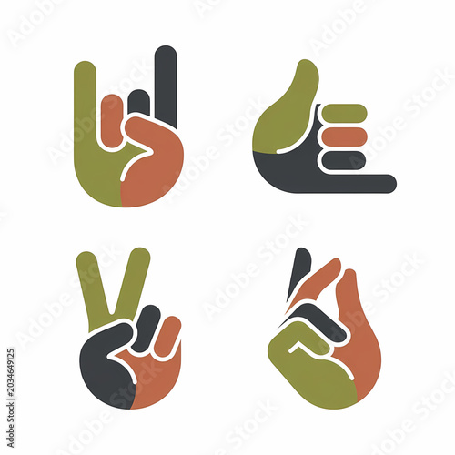 Four iconic hand gestures: the energetic rock and roll sign, chill shaka 'hang loose' gesture, classic peace symbol, and precise pinching fingers gesture.