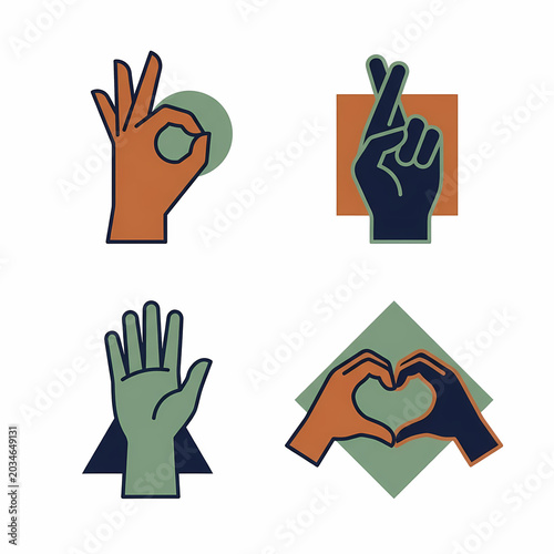 A set of four distinct hand gestures including the universally recognized 'OK' sign, hopeful fingers crossed, a calm open palm, and loving heart hands.