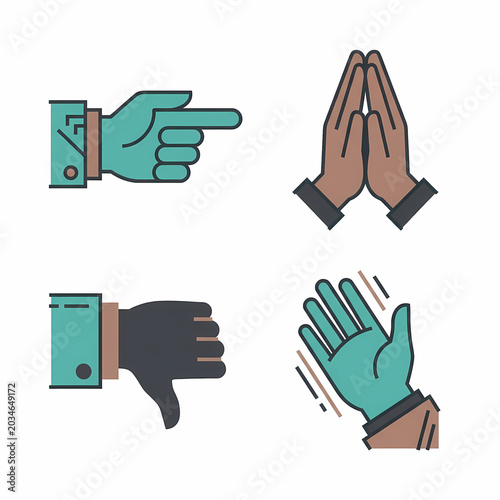 A quartet of expressive hand gestures: a direct pointing hand, devout praying hands, a disapproving thumbs down, and a welcoming, waving open palm.