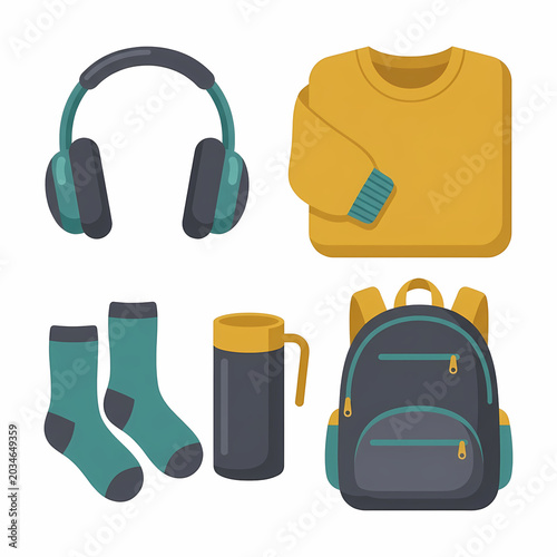 A collection of comfortable personal items, featuring sleek headphones, a cozy mustard sweater, a versatile backpack, and warm socks.