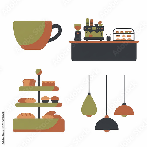 A vibrant collection of flat design cafe essentials, featuring a stylish two-toned coffee cup, a fully equipped espresso bar, tiered bakery display, and diverse modern pendant lighting fixtures.