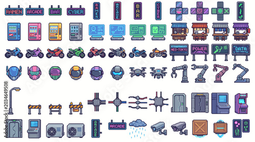 Retro Cyberpunk Pixel Art Asset Pack with Futuristic City Objects